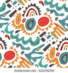 Seamless vector pattern with abstract modern doodles. Bright summer print. Trendy colorful background. Vintage geometric doodles.	