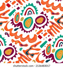 Seamless vector pattern with abstract modern doodles. Bright summer print. Trendy colorful background. Vintage geometric doodles.	