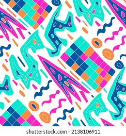 Seamless vector pattern with abstract modern doodles. Bright summer print. Trendy colorful background. Vintage geometric doodles.	