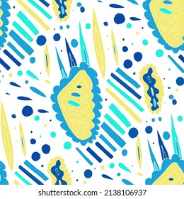 Seamless vector pattern with abstract modern doodles. Bright summer print. Trendy colorful background. Vintage geometric doodles.	