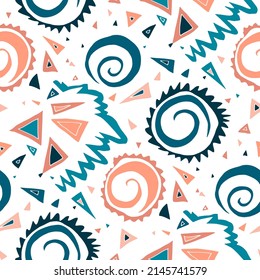 Seamless vector pattern with abstract modern doodles. Bright summer print. Trendy colorful background. Vintage geometric doodles.	