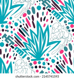 Seamless vector pattern with abstract modern doodles. Bright summer print. Trendy colorful background. Vintage geometric doodles.	