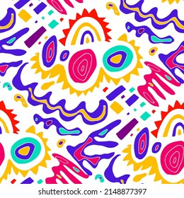 Seamless vector pattern with abstract modern doodles. Bright summer print. Trendy colorful background. Vintage geometric doodles.	