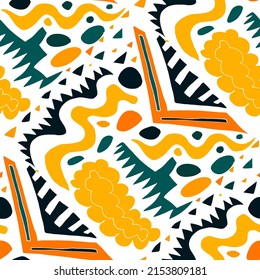 Seamless vector pattern with abstract modern doodles. Bright summer print. Trendy colorful background. Vintage geometric doodles.	