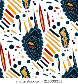 Seamless vector pattern with abstract modern doodles. Bright summer print. Trendy colorful background. Vintage geometric doodles.	