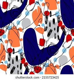 Seamless vector pattern with abstract modern doodles. Bright summer print. Trendy colorful background. Vintage geometric doodles.	