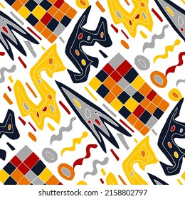 Seamless vector pattern with abstract modern doodles. Bright summer print. Trendy colorful background. Vintage geometric doodles.	