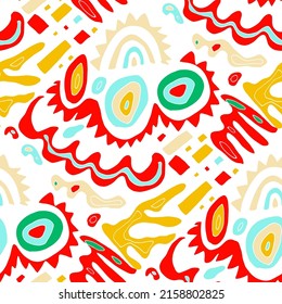 Seamless vector pattern with abstract modern doodles. Bright summer print. Trendy colorful background. Vintage geometric doodles.	