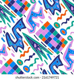Seamless vector pattern with abstract modern doodles. Bright summer print. Trendy colorful background. Vintage geometric doodles.	