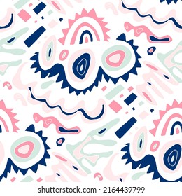Seamless vector pattern with abstract modern doodles. Bright summer print. Trendy colorful background. Vintage geometric doodles.	