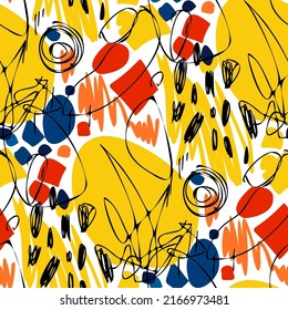 Seamless vector pattern with abstract modern doodles. Bright summer print. Trendy colorful background. Vintage geometric doodles.	