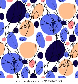 Seamless vector pattern with abstract modern doodles. Bright summer print. Trendy colorful background. Vintage geometric doodles.	