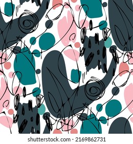 Seamless vector pattern with abstract modern doodles. Bright summer print. Trendy colorful background. Vintage geometric doodles.	