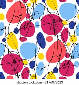 Seamless vector pattern with abstract modern doodles. Bright summer print. Trendy colorful background. Vintage geometric doodles.	