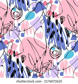 Seamless vector pattern with abstract modern doodles. Bright summer print. Trendy colorful background. Vintage geometric doodles.	