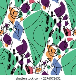 Seamless vector pattern with abstract modern doodles. Bright summer print. Trendy colorful background. Vintage geometric doodles.	