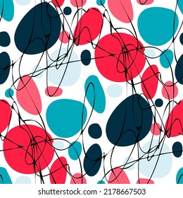 Seamless vector pattern with abstract modern doodles. Bright summer print. Trendy colorful background. Vintage geometric doodles.	