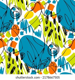 Seamless vector pattern with abstract modern doodles. Bright summer print. Trendy colorful background. Vintage geometric doodles.	