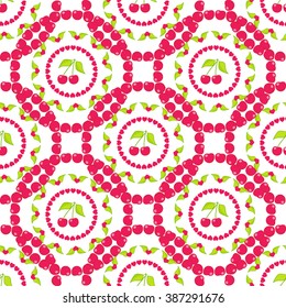 Seamless vector pattern. Abstract nature floral style. Cute cherry, branch and leaves ornament. Flat element for design. Wallpaper, background, texture, textile. Round, circle, plate shape