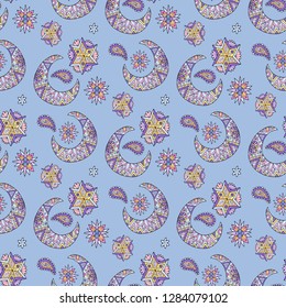 Seamless vector pattern with abstract ornamental half moon and stars.