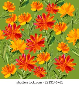 Seamless vector pattern of abstract painting red and yellow flowers. Original hand drawn, impressionism style, color texture, brush strokes of paint,  art background. 