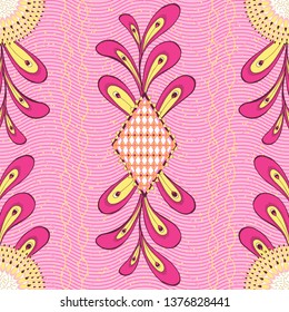 Seamless vector pattern with abstract peacock feathers, diamond shapes, flowers, wavy lines, chains and dots. Bold garish colors - pink and yellow. Afican ethnic ankara dress style.