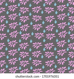 Seamless vector pattern with abstract pink flowers on dark background.  Hand drawn illustration. Perfect for textile design, wallpaper, cover design and more.