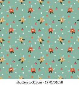 Seamless vector pattern with abstract pink and orange flowers on a turquoise background. Creative floral texture. Great for fabric, textile and design	

