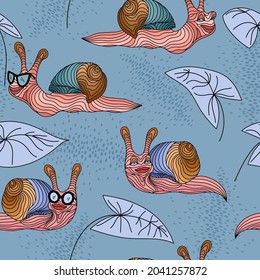Seamless vector pattern with abstract pink, beige and green striped snails and leaves. Cartoon clams with glasses on a blue background. Perfect design for wrapping paper, postcards and textiles.