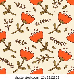 Seamless vector pattern with abstract poppy flowers and branches. Cute country style floral background. Cottagecore vintage aesthetic. Wallpaper, wrapping paper, surface design