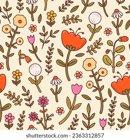 Seamless vector pattern with abstract poppy, daisy, camomile, dandelion flowers and branches. Cute country style floral background. Vintage cottagecore. Wallpaper, wrapping paper, surface design