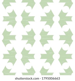 Seamless vector pattern for abstract prints, paper, cover, card, packing. Geometric white triangles and polka on a greenish shabby background.