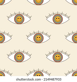 Seamless Vector Pattern With Abstract Psychedelic Eye And Smiling Face Inside. 70s, 80s, 90s Vibes Funky Background. Vintage Nostalgia Texture For Design And Print