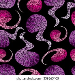 Seamless vector pattern with abstract purple and pink curls on black background. Abstract ethnic ornament