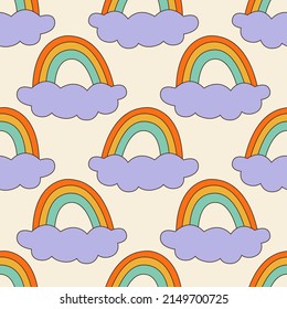 Seamless vector pattern with abstract rainbow and cloud in groovy style. 70s, 80s, 90s vibes funky background. Vintage nostalgia texture with psychedelic symbol for design and print