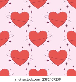 Seamless vector pattern with abstract red heart planet and stars. Futuristic background with love symbol. Y2k texture for wallpaper, wrapping paper, textile, cover design. Valentine day concept