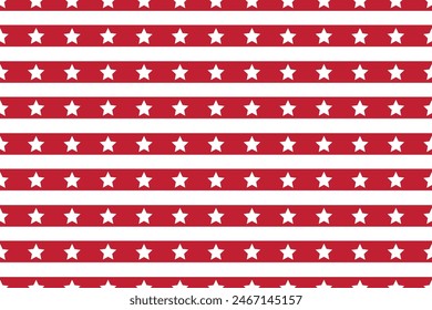 Seamless vector pattern abstract red parallel lines white stars on line Print children's fabrics Bed linen Wrapping paper Typography design Tablecloths Scrapbooking Cardmaking Baby USA flag color