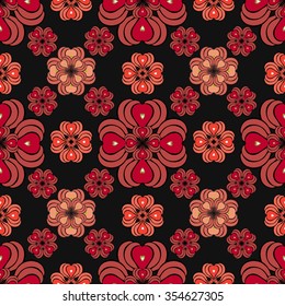Seamless vector pattern with abstract red and pink flowers from hearts shapes. 