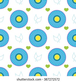 Seamless vector pattern. Abstract round flower, heart, leaf in flat style. Element for design, background, textile. Simple minimalistic geometric shapes. Sweet color
