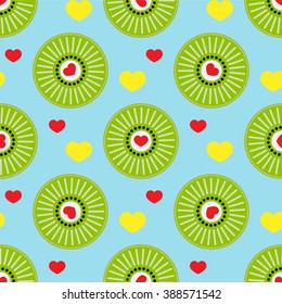 Seamless vector pattern. Abstract round flower, heart, leaf in flat style. Element for design wallpaper, background, textile. Simple minimalistic geometric shapes. Green, red, blue