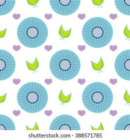 Seamless vector pattern. Abstract round flower, heart, leaf in flat style. Element for design, background, textile. Simple minimalistic geometric shapes. Sweet color