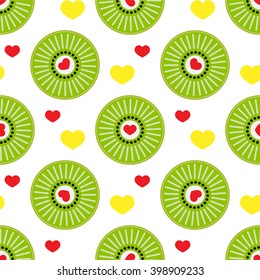 Seamless vector pattern. Abstract round flower, heart, leaf in flat style. Element for design wallpaper, background, textile. Simple minimalistic geometric shapes. Green, red