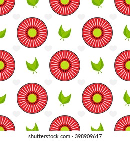 Seamless vector pattern. Abstract round flower, heart, leaf in flat style. Element for design, background, textile. Simple minimalistic geometric shapes. Sweet color