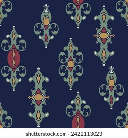 Seamless vector pattern with abstract royal ornaments on blue background. Simple luxury baroque wallpaper design. Decorative ethnic fashion textile.