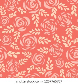 Seamless vector pattern abstract Scandinavian style flat roses and leaves red pink coral background. Floral silhouettes. Flower pattern for Valentines, greeting card, poster, banner, stencil, wedding.