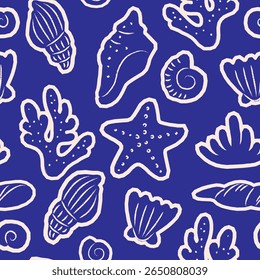Seamless vector pattern with abstract sea shells, starfish, coral silhouettes. Contemporary art coastal summer background. Hand drawn beach print for wallpaper, wrapping paper, textile design