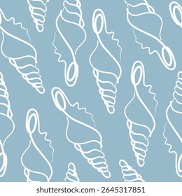 Padrão de vetor sem emenda com conchas marinhas abstratas em um fundo azul organizado aleatoriamente, para vários projetos de verão