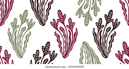 Seamless vector pattern with abstract seaweed and corals in minimalist linocut style. Seamless abstract pattern with seaweed and coral in linocut style. Minimal ethnic handmade design perfect for textile, wallpaper, and modern decor.
