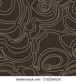 Seamless vector pattern of abstract shapes isolated on a brown dark background. Simple texture in a linear style of beige pastel color on a dark background. Decoration for fabrics or paper.