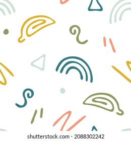 Seamless vector pattern with abstract shapes on white background. Fun hand drawn doodle wallpaper design for children. Decorative pop fashion textile.